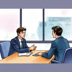 Clause enhancer: Refine contract clauses for clarity 9 Two professionals engaged in a discussion at a conference table with a city backdrop.