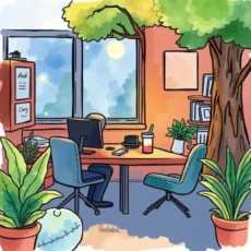 An inviting office space featuring a large window, a desk, and plants, ideal for client engagement discussions.