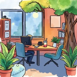 An inviting office space featuring a large window, a desk, and plants, ideal for client engagement discussions.