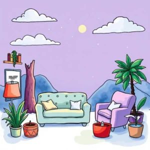 Cozy illustrated living space with two sofas, plants, and a lamp, ideal for client meetings