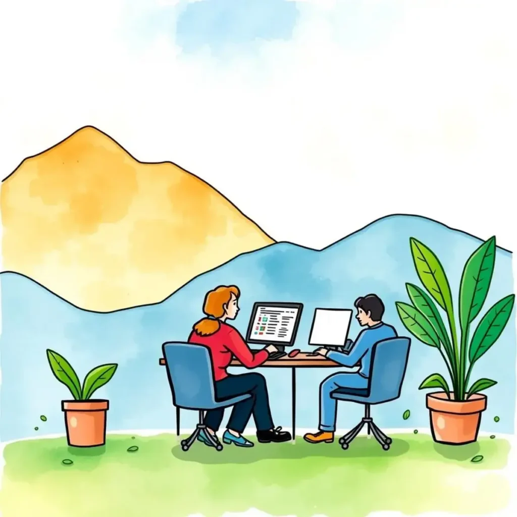 Client management resource tool: Manage and allocate resources for client onboarding 1 Image depicting two individuals collaborating at a table, working on client resource management tools.