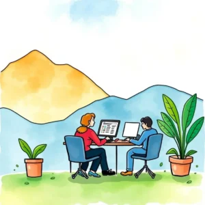 Image depicting two individuals collaborating at a table, working on client resource management tools.