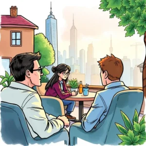 Business professionals engaging in client relationship discussions overlooking a cityscape.