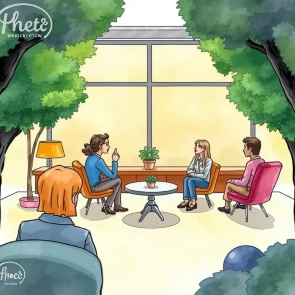 A team discusses client feedback in a brightly lit meeting room surrounded by greenery.