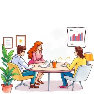Professionals discussing client feedback insights in a meeting.