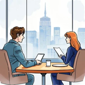 Client touchpoint tracker: Generate reminders and updates for client interactions 3 Two professionals discussing client interactions over coffee with a skyline view.
