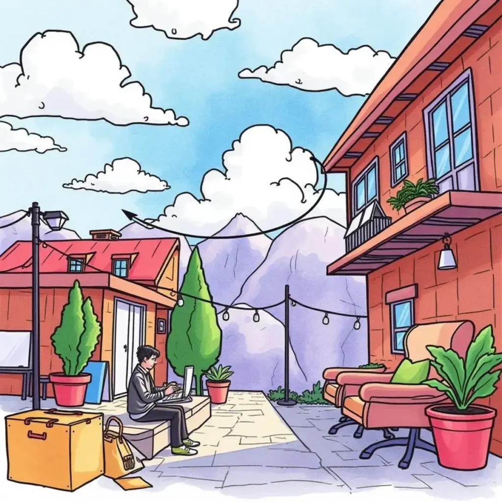 Budget alert notifier: Receive alerts for budgeting thresholds exceeded 1 A person working on a laptop outdoors in a serene setting, surrounded by plants and buildings.