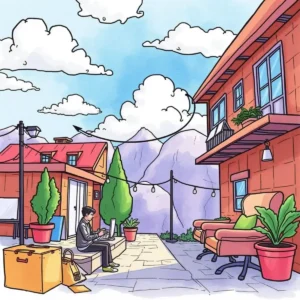 A person working on a laptop outdoors in a serene setting, surrounded by plants and buildings.
