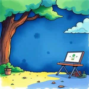An outdoor workspace featuring a laptop and a potted plant under a tree, symbolizing growth and analysis.