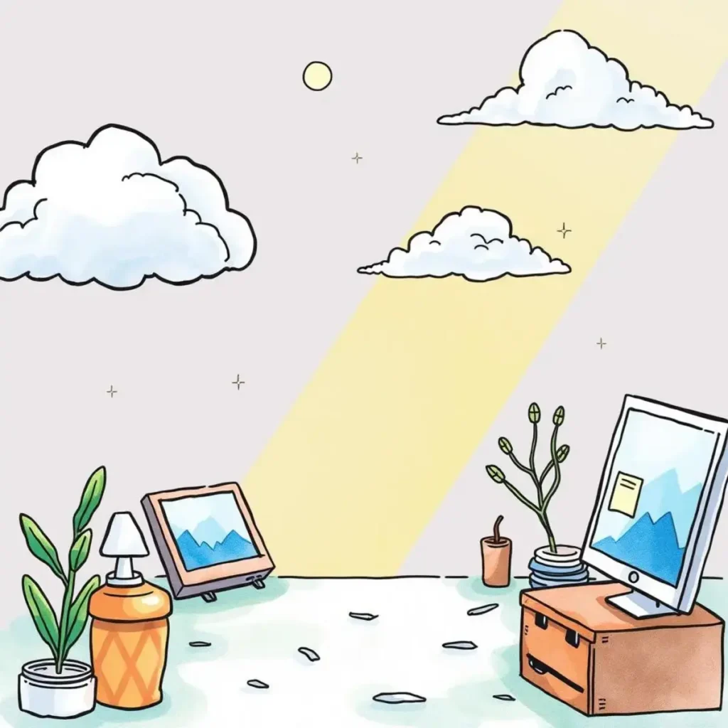 Cost insights generator: Generate insights on cloud spending trends 1 Illustration of a serene workspace with clouds and sunlight.