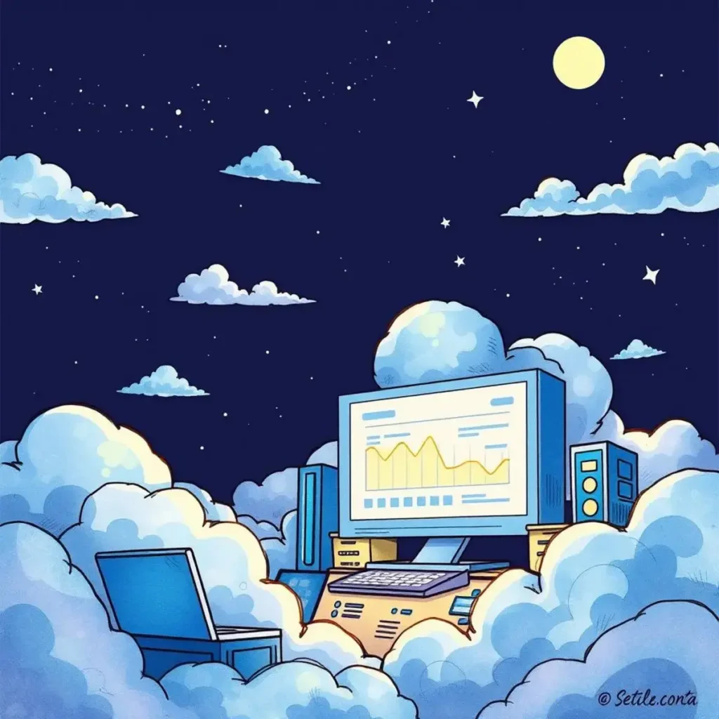 Expense insight generator: Generate detailed reports on cloud costs 1 A computer surrounded by clouds at night, symbolizing cloud cost analysis.