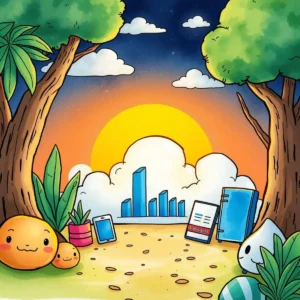A vibrant illustration depicting a cheerful outdoor scene with clouds and financial growth symbols, highlighting cloud cost optimization
