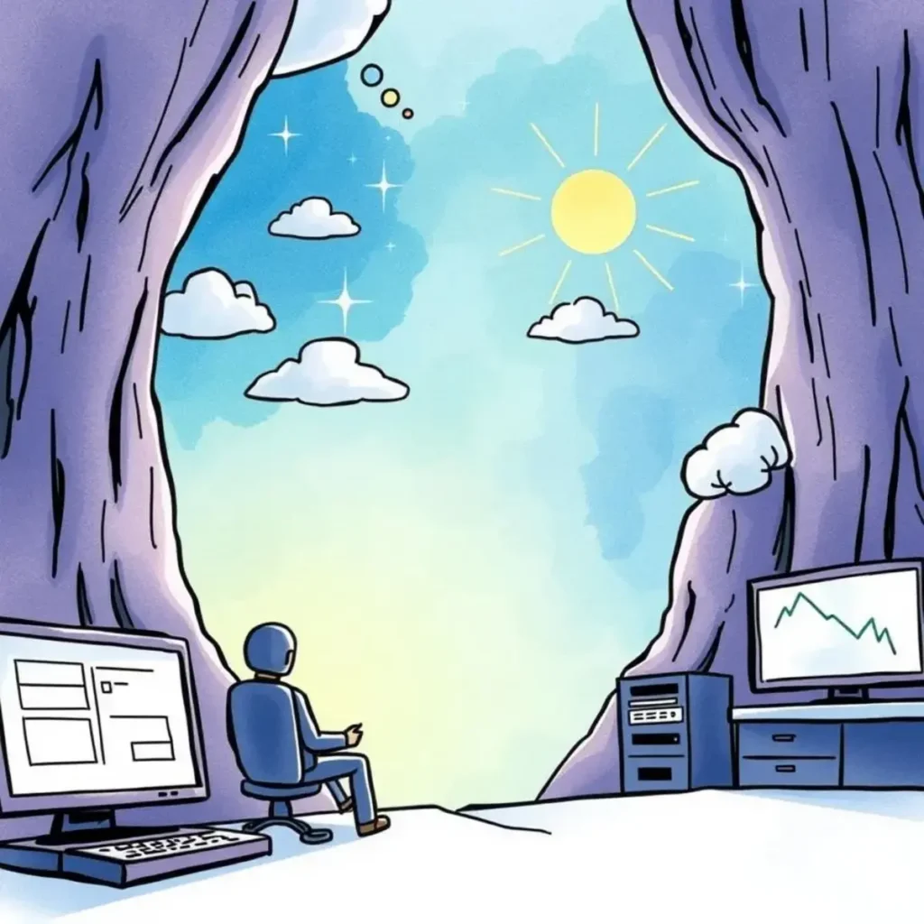 Spending pattern analyzer: Analyze spending patterns to identify optimization areas 1 A person sits at a computer in a serene setting, contemplating cloud cost optimization strategies.