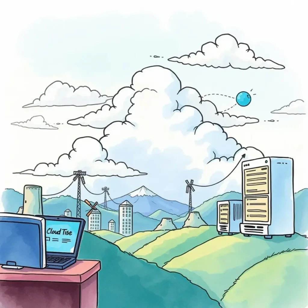 Cloud compliance check assistant: Ensure compliance during the migration process 1 Cartoon landscape featuring a computer, clouds, and servers symbolizing cloud compliance.