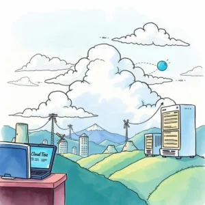Cartoon landscape featuring a computer, clouds, and servers symbolizing cloud compliance.