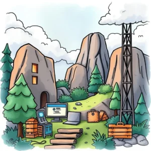 A vibrant illustration depicting a serene mountainous landscape with computer tools for cloud migration.