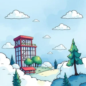Cloud performance impact analyzer tool illustrated with a colorful building amidst clouds and trees