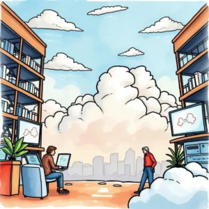 Cloud strategy proposal writer: Create vendor-specific strategy proposal drafts 2 Illustration of it professionals strategizing cloud proposals amidst digital resources.