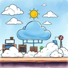 Illustration of cloud migration with it infrastructure elements and clouds.