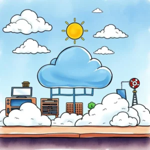 A cartoonish cloud above IT infrastructure indicates cloud migration solutions.