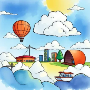 A vibrant cartoon landscape showcasing a hot air balloon, buildings, and nature elements related to cloud connections