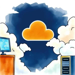 A computer and server among clouds with a central cloud icon, symbolizing cloud readiness.