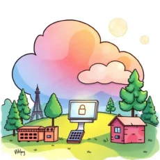 Cloud security themed illustration featuring a computer and various buildings under a colorful sky