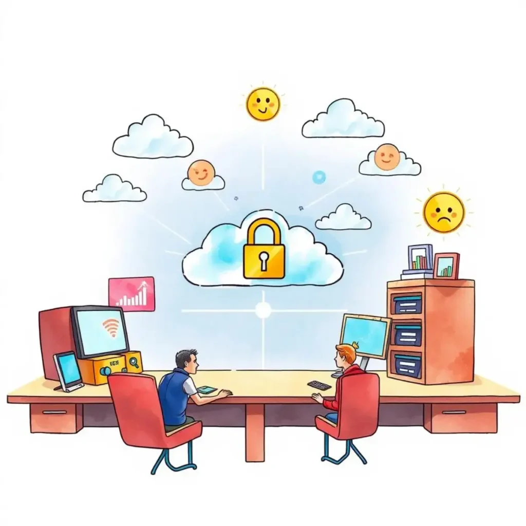 Risk insights generator: Generate insights on third-party risks 1 Professionals discussing cloud security risks in a digital workspace.