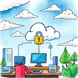 Person working at a computer, connected to a secure cloud environment with a lock symbol above.