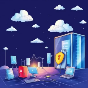 Comprehensive illustration of cloud security tools and vendor risk management elements in a tech environment.