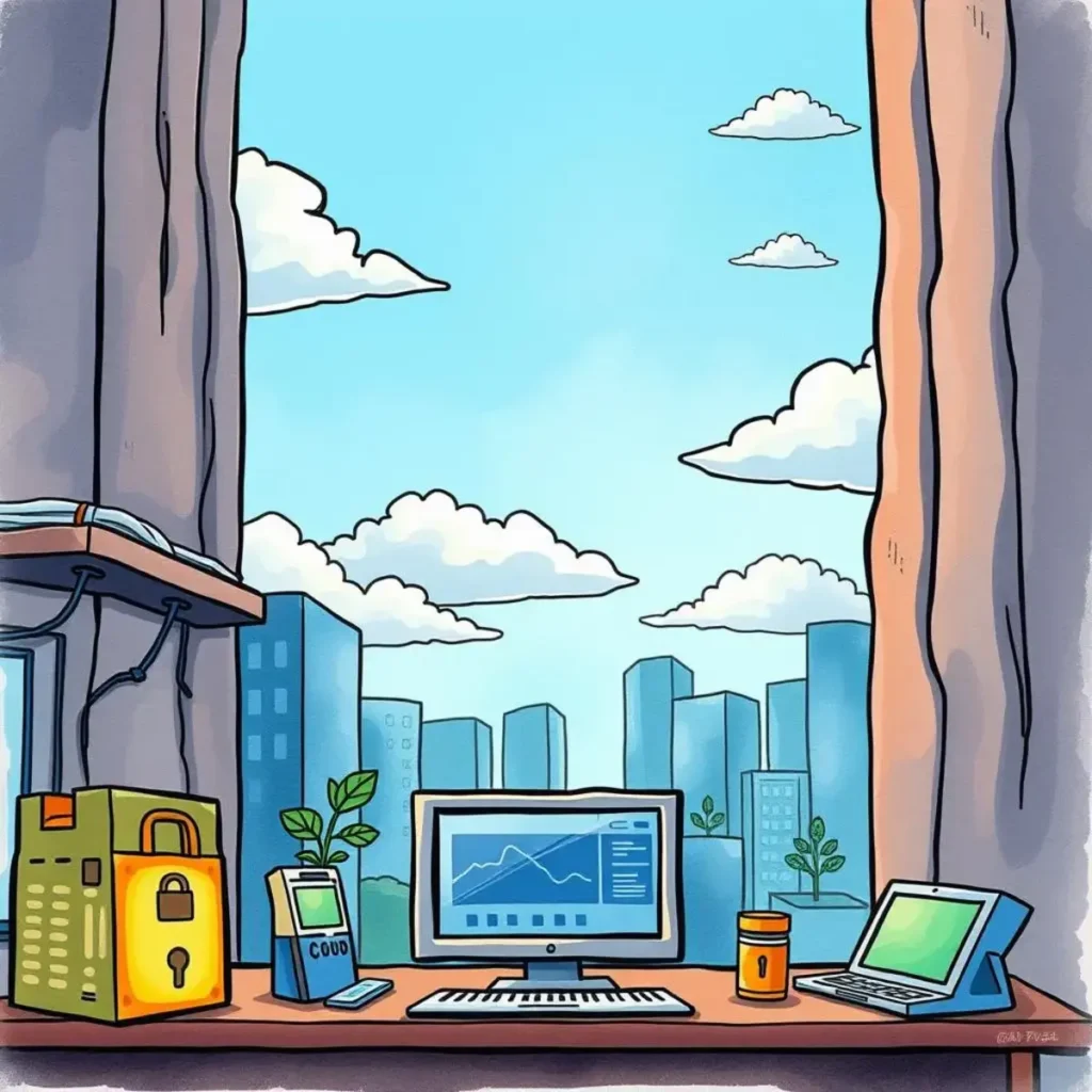 Third-party risk summary creator: Create risk summaries for third-party partners 1 A modern workspace overlooking a cityscape, focusing on cloud security tools.
