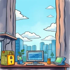 A modern workspace overlooking a cityscape, focusing on cloud security tools.