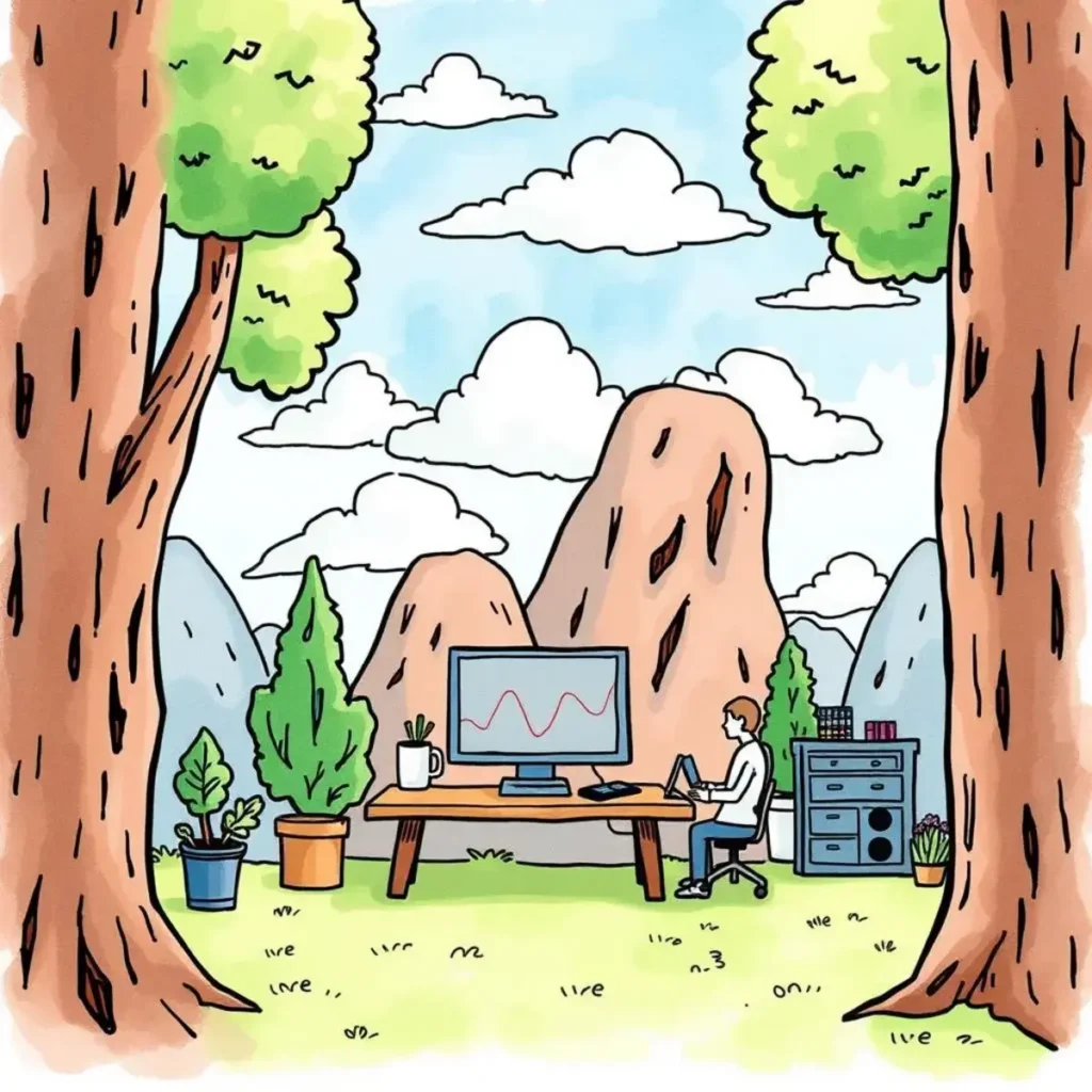 Cloud service analyzer: Assess and report on cloud service efficiency 1 A person analyzing cloud service performance in a serene outdoor setting.