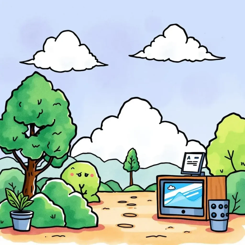Cloud service request organizer: Structure and categorize service requests for evaluation 1 Illustration of a serene landscape with whimsical trees and technology elements.