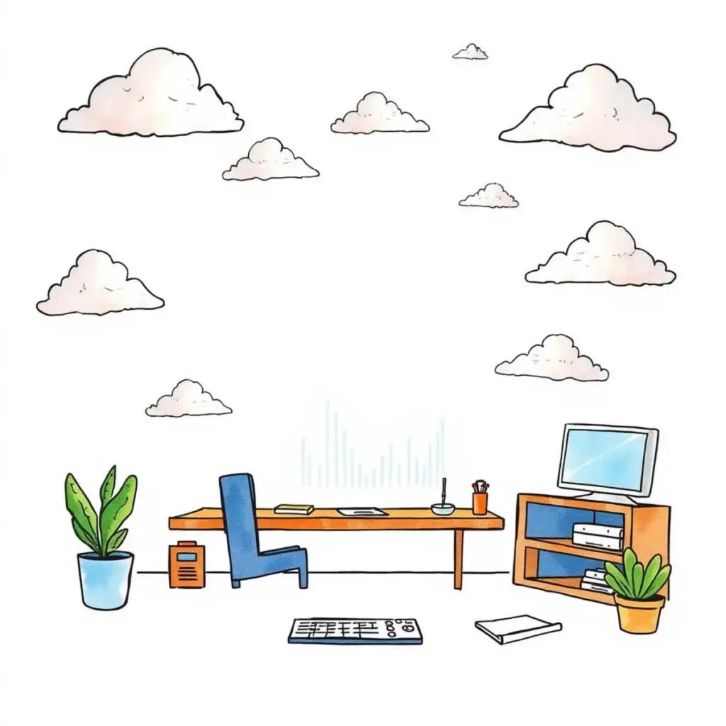 A bright, minimalist office scene with clouds, a desk, and plants, symbolizing cloud management and spending alerts.