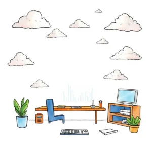 A bright, minimalist office scene with clouds, a desk, and plants, symbolizing cloud management and spending alerts.