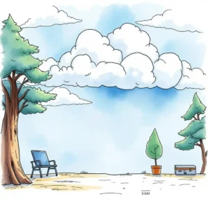 A serene landscape with trees, a chair, and fluffy clouds, symbolizing cloud capabilities.