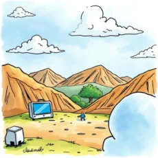 A person exploring a landscape with mountains and clouds, symbolizing cloud strategy.