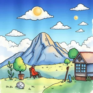 A serene illustration of a person enjoying a peaceful landscape with mountains and a house