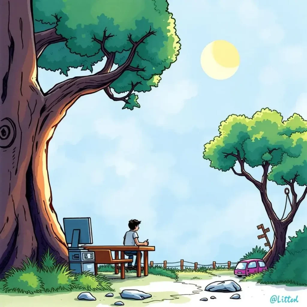 A person sitting at a desk outdoors, using a computer beside large trees in a sunny setting