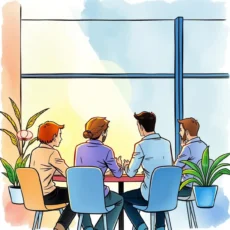 Team collaborating at a table, discussing cross-functional projects and strategies.
