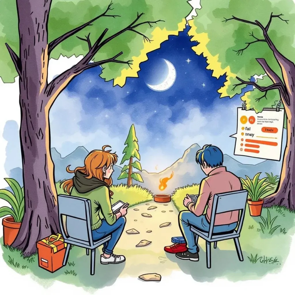 Collaborative design feedback synthesizer: Merge user ideas for design adjustments 1 Two users collaborating in a serene outdoor setting, discussing design ideas.