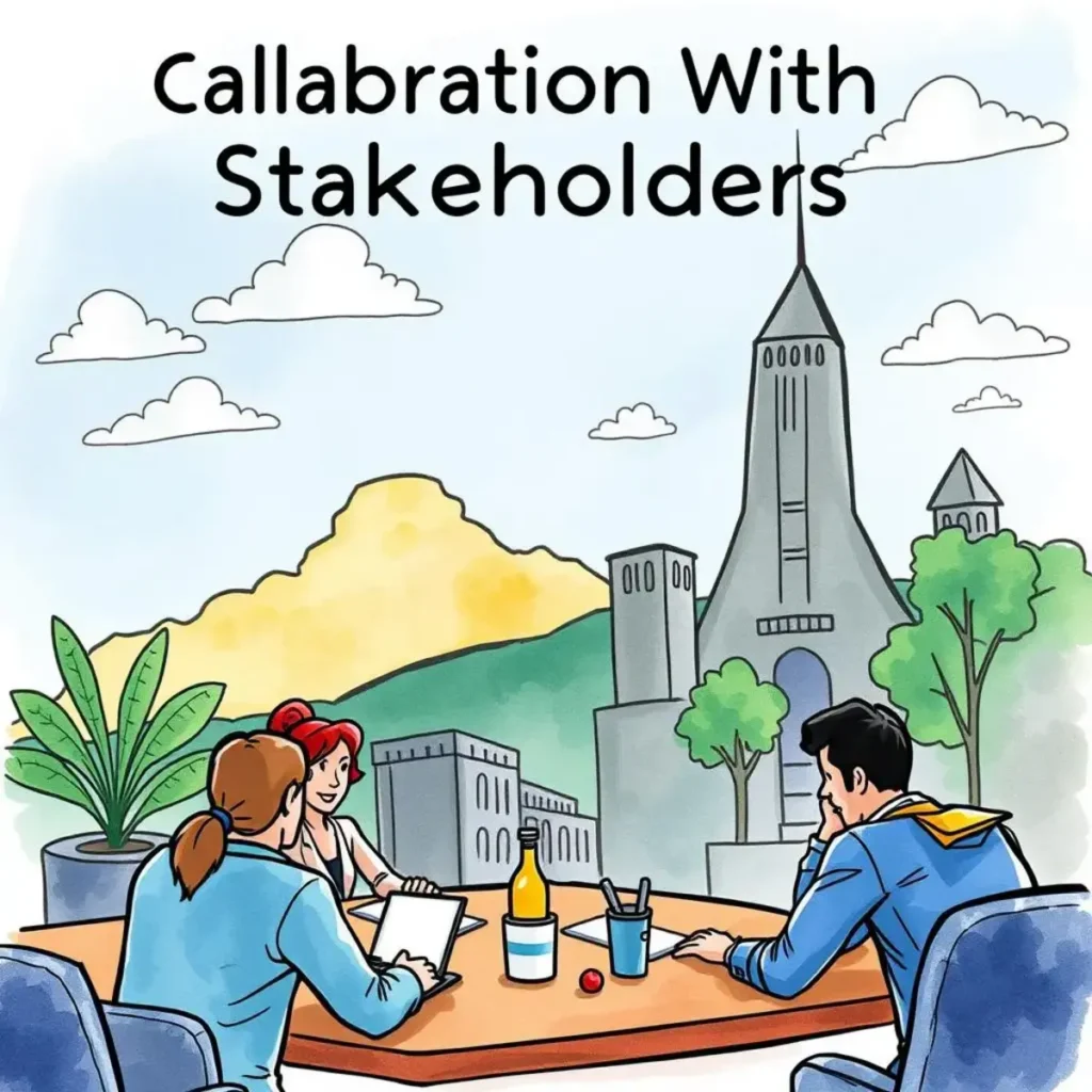 Collaborative Task Planner meeting with stakeholders at a table surrounded by green plants and a cityscape.