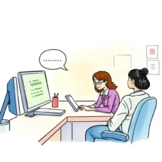 A woman training another in effective communication at a desk with a computer and notes.