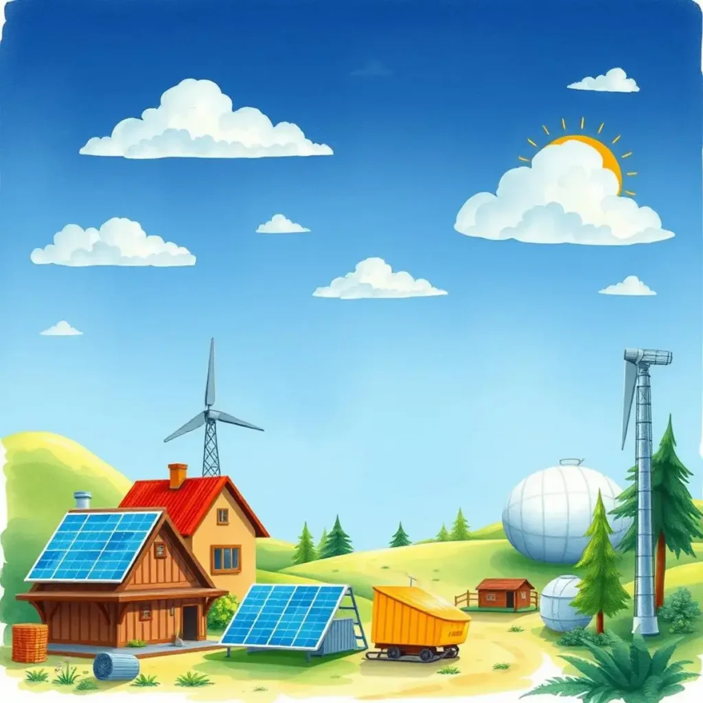 Communication template creator: Produce tailored communication templates for engagement 1 Illustration of a solar-powered home with wind turbines and renewable energy elements.