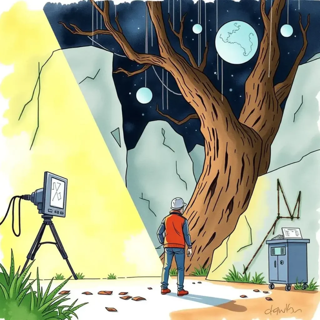 Design requirement clarifier: Define and refine embedded system requirements 1 A person examines a cosmic tree, symbolizing system design clarity.