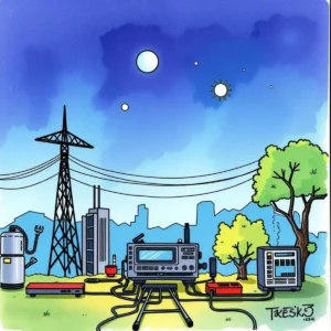 Cartoon illustration of communication equipment in an outdoor engineering setting.