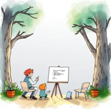 A parent and child engage with a presentation board outdoors, symbolizing collaboration in planning.