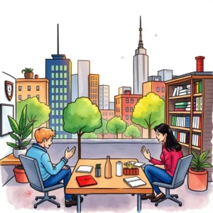 A collaborative meeting in a modern office with a city view, focusing on company culture strategies.