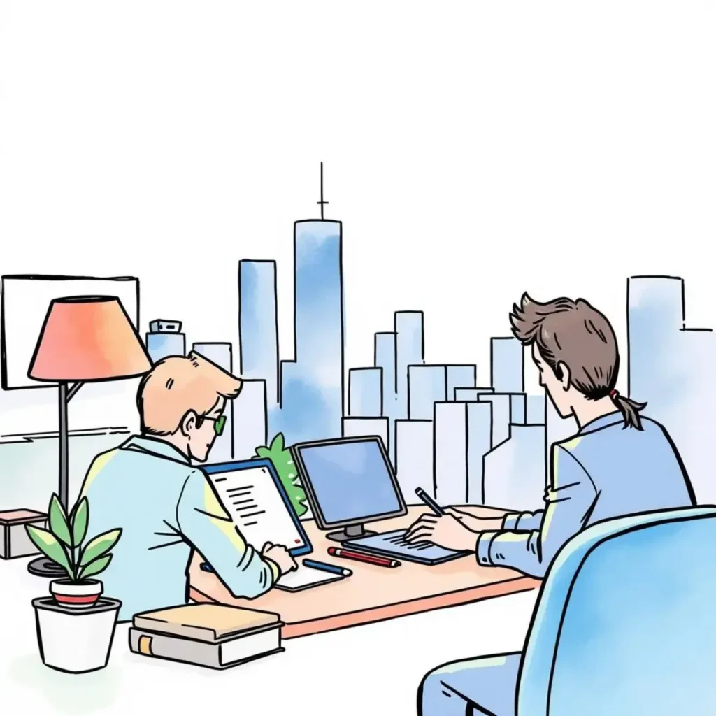 Competitive proposal extractor: Extract and analyze competitor proposal data 1 Two professionals analyzing documents in a modern office with city view.